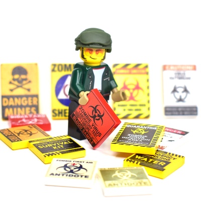 Таблички для мини города "зомби пак 2" (danger mines, survival kit, zonbie virus, antidote и т.д.) набор деталей 13 шт. не лего