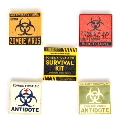 Таблички для мини города "зомби пак 2" (danger mines, survival kit, zonbie virus, antidote и т.д.) набор деталей 13 шт. не лего